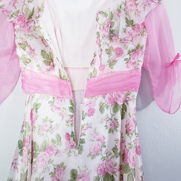 Vintage 70s Sylvia Ann Rose Floral Maxi Gown Regencycore Cottagecore Pink 14 - Picture 9 of 16